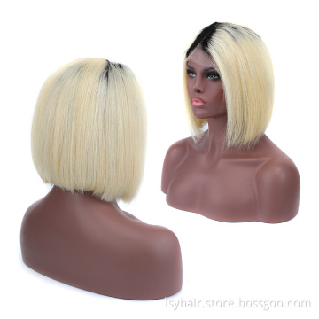 Short Bob 1B613 ombre blonde  lace front human hair wigs with black root, pre plucked wig natural front line with baby hair